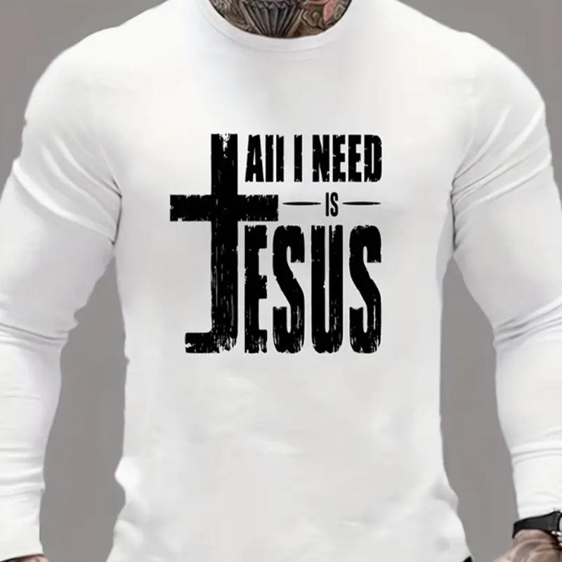Cross Letters Print Men's Tshirts Long Sleeve Tees Round Neck Casual Pullover Men's Clothing Plus Size