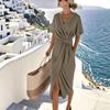 Summer New Dress Commuter Fashion Forged Split Women'S Solid Color Wrap Lace-Up Dress