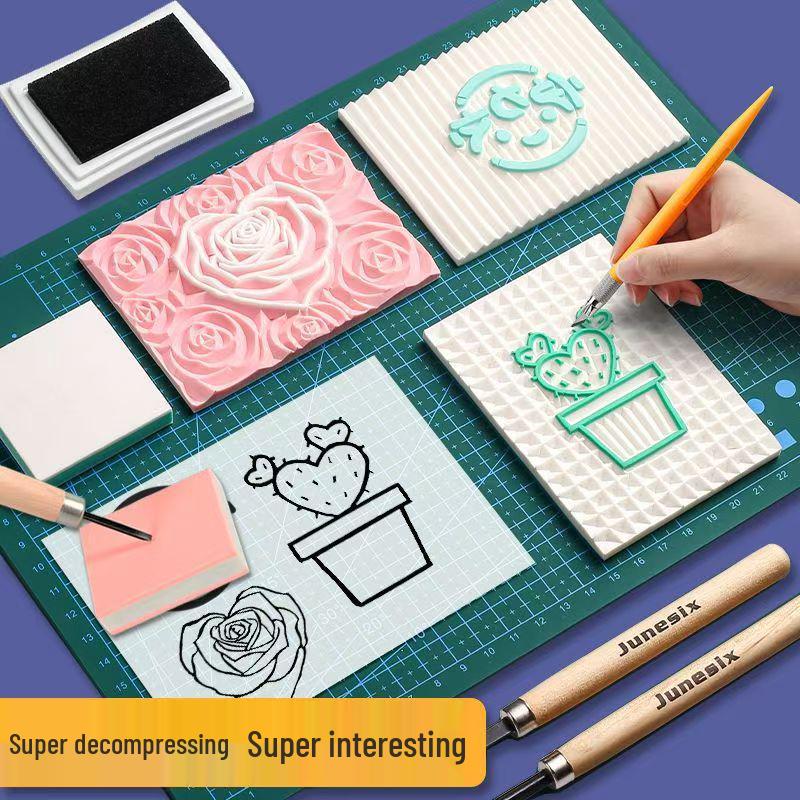 Hand-Carved Stamp Eraser Set with Color-Filled Core - Beginner-Friendly Peel-Off Eraser Brick Set