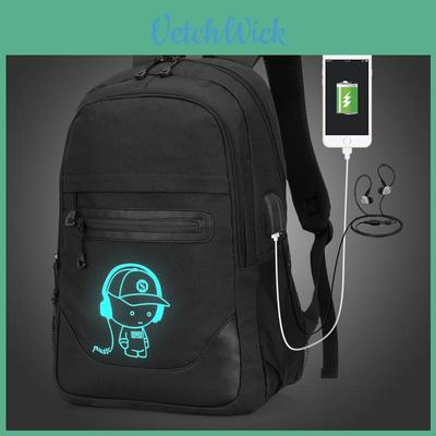 Cute Cartoon Printed Night Luminous Waterproof Laptop Backpack With Usb Charging