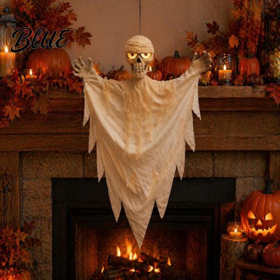 Easy Install Hanging 31.5 Inch Mummy with Decoration Ghost Halloween Scary Sounds Voice Activated Spooky Holiday Decor Glowing Skull