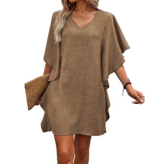 

Летние платья для женщин с V-образным вырезом, с оборками на рукавах, мини-сарафан, повседневный, свободный, в стиле бохо M хаки