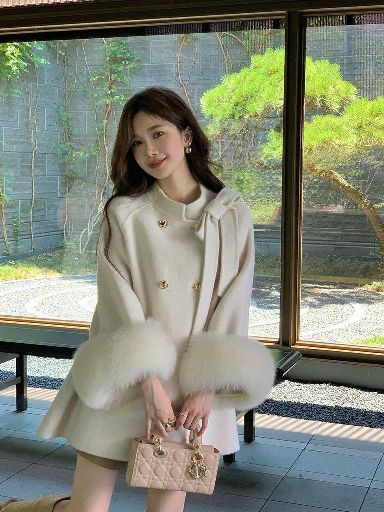Petite Bow Women's Thickened Fleece Lined Wool Cape Coat