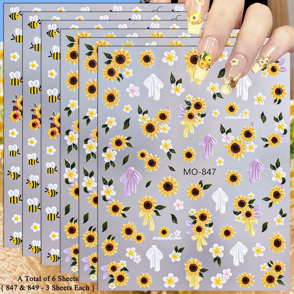 3 To 15 Sheets 5D Sunflower Daisy Nail Stickers Bee Ladybug Flower Decals Self Adhesive Spring Nail Art