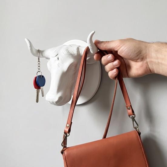 Unique Gift for Men Bull Head Hat Rack, Lightweight Wall-Mount Key Holder, Decorative Coat Heavy Duty PLA Wall Mount Hook, Retro Animal Hanger