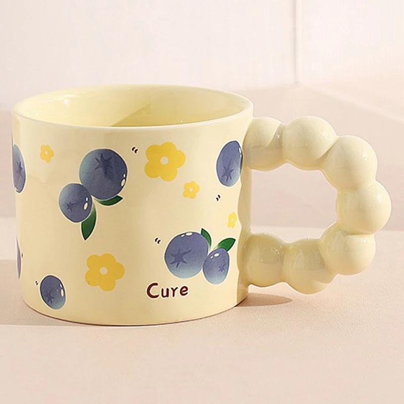 330ML Japanese Style Ceramic Coffee Cup Cute Fruit Pattern Milk Tea Cup Water Mug with Anti-slip Handle Coffee Cup Birthday Gift
