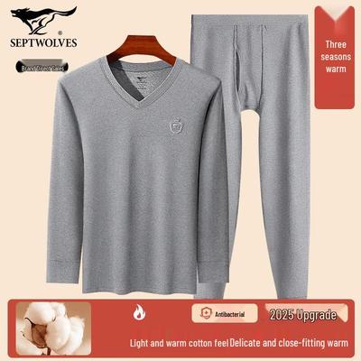 Men's V-Neck Pure Cotton Antibacterial Thermal Underwear Set