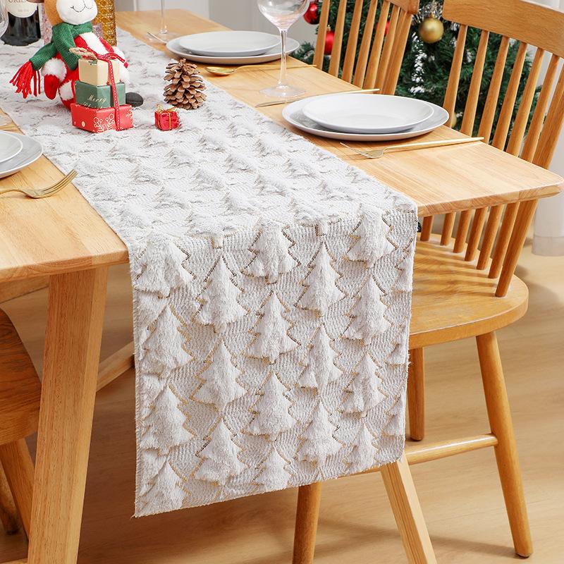 Christmas Tablerunner Rectangular Plush Faux Soft Trees Green Washable Seasonal Table Cover for Party Picnic Dinner Decor