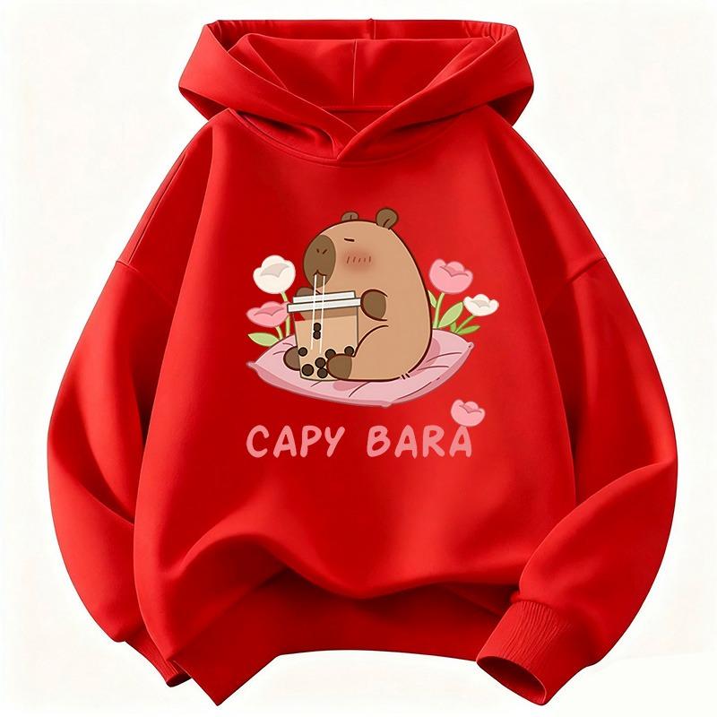 Kawaii Capybara Drinking Juice Hoodie Kids Flower Children's Sweatshirt Hoody for Boys Girls Casual Hoodies Clothes