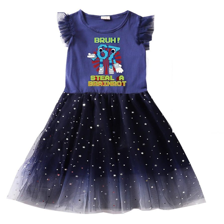 

9192 Kids Girls Steal a Brainrot 67 Six Seven Print Sleeveless Ruffle Casual Mesh Dress 150cm темно-синього кольору
