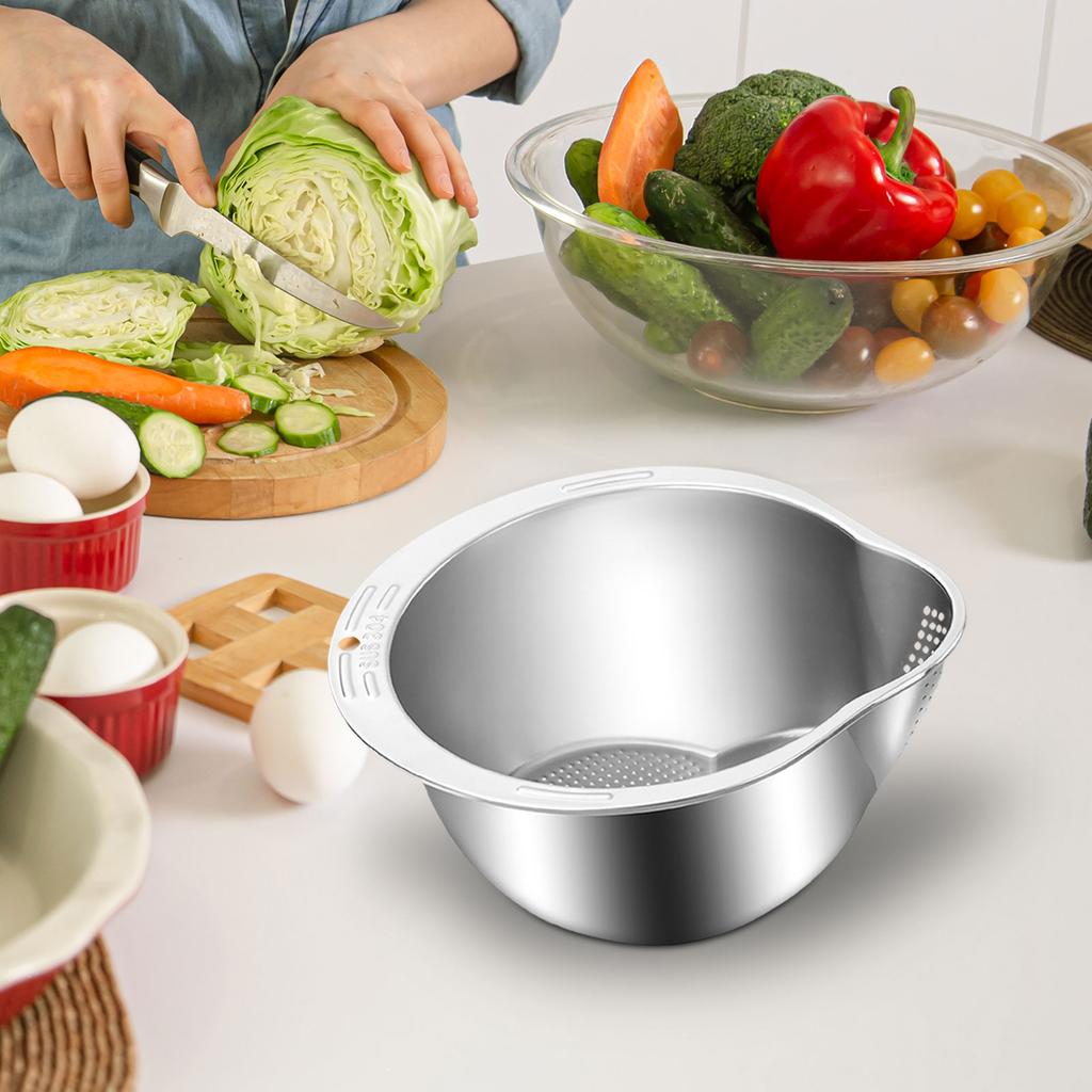 Slanted Rice Strainer Washing Bowl for Cleaning and Washing Vegetable Fruits Silver Fruits Rice Washing Bowl with Side Drainage