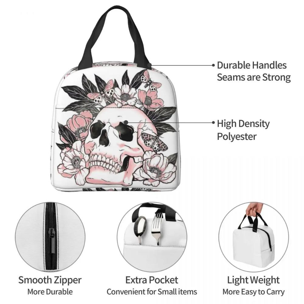 Vintage Gothic Skull Roses Insulated Lunch Bag for Women Children Portable Food Boxes Thermal Lunch Box Tote