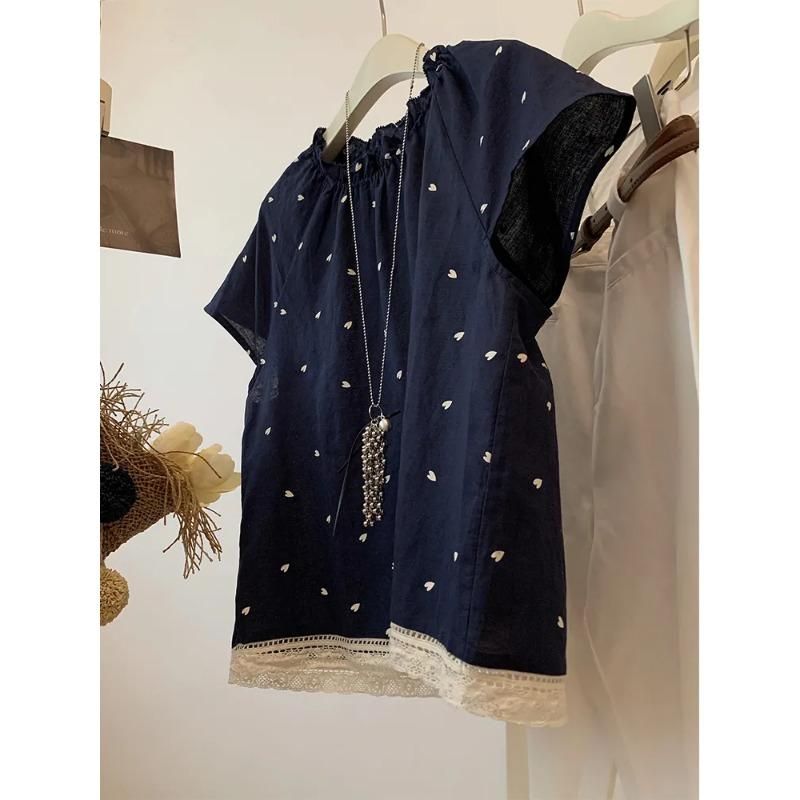 

Women s Navy Blue Heart Print Elastic Neck Short Sleeve Blouse With Lace Hem S темно-синий