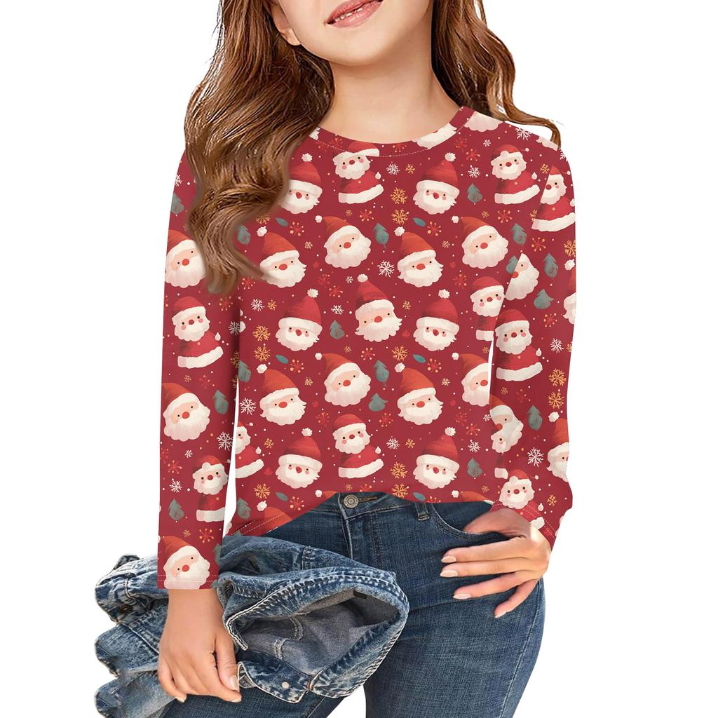 Christmas Day Girls Long Sleeve T Shirts Kids Fall Tops Crewneck Printed Basic Tees