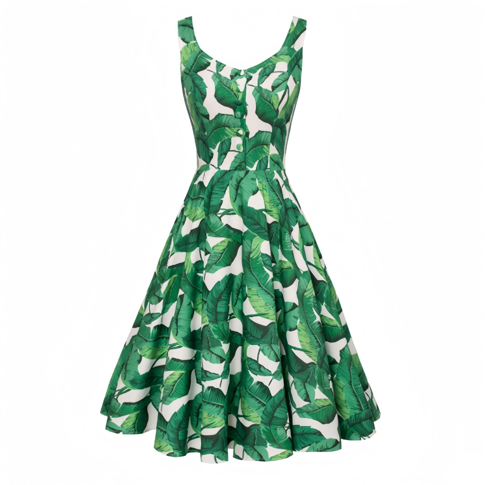 

Літня сукня з квітковим принтом, квадратним вирізом, застібкою на ґудзики спереду та розкльошеною спідницею - Жіноча літня сукня XXL