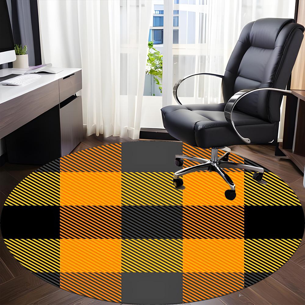 1 Stück Orange Schwarz karierter Stuhlteppich für das Büro, Runde Polyestermatte, Innendekoration für das Büro, Pflegeleichtes Gewebe, Waschbarer rutschfester Teppich