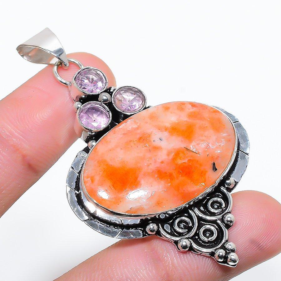 

Sunstone, Kunzite Gemstone Handmade Ethnic Jewelry Pendant 2.48 SR-6502