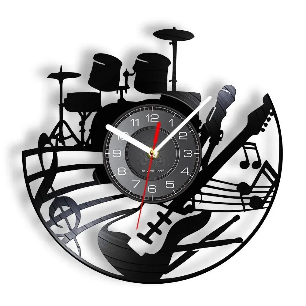 Rock Music Guitar and Drum Kit Wall Clock Guitarist Music Vinyl Record Clock Rock Instrument Guitar Wall Painting Rock Gift