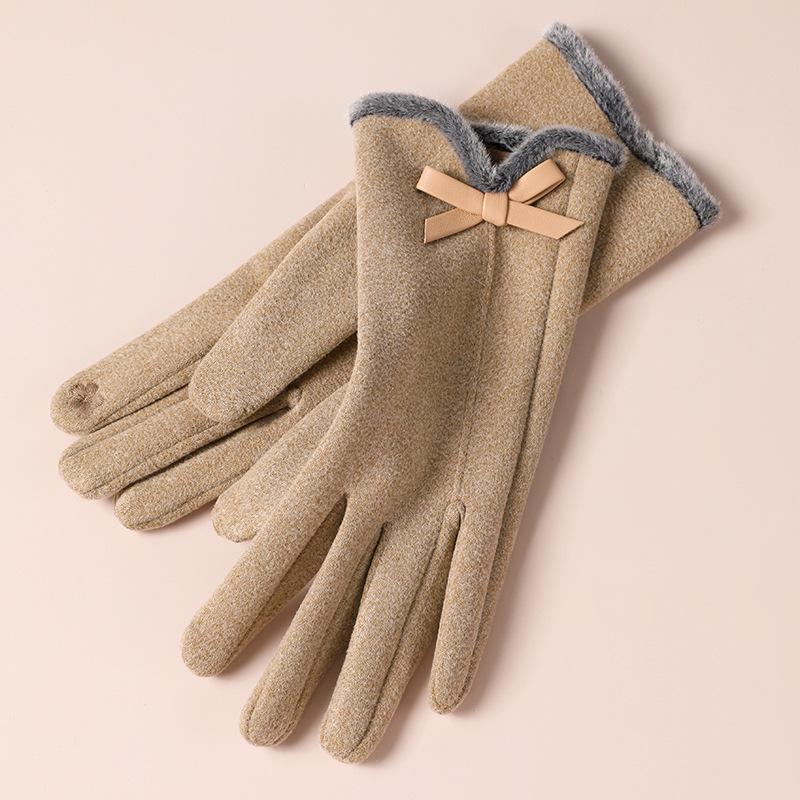 Warm Gloves for Women In Autumn and Winter Outdoor Riding Cold Proof Thickened Plush Velvet Cute Bow Develvet Touch Screen Gloves