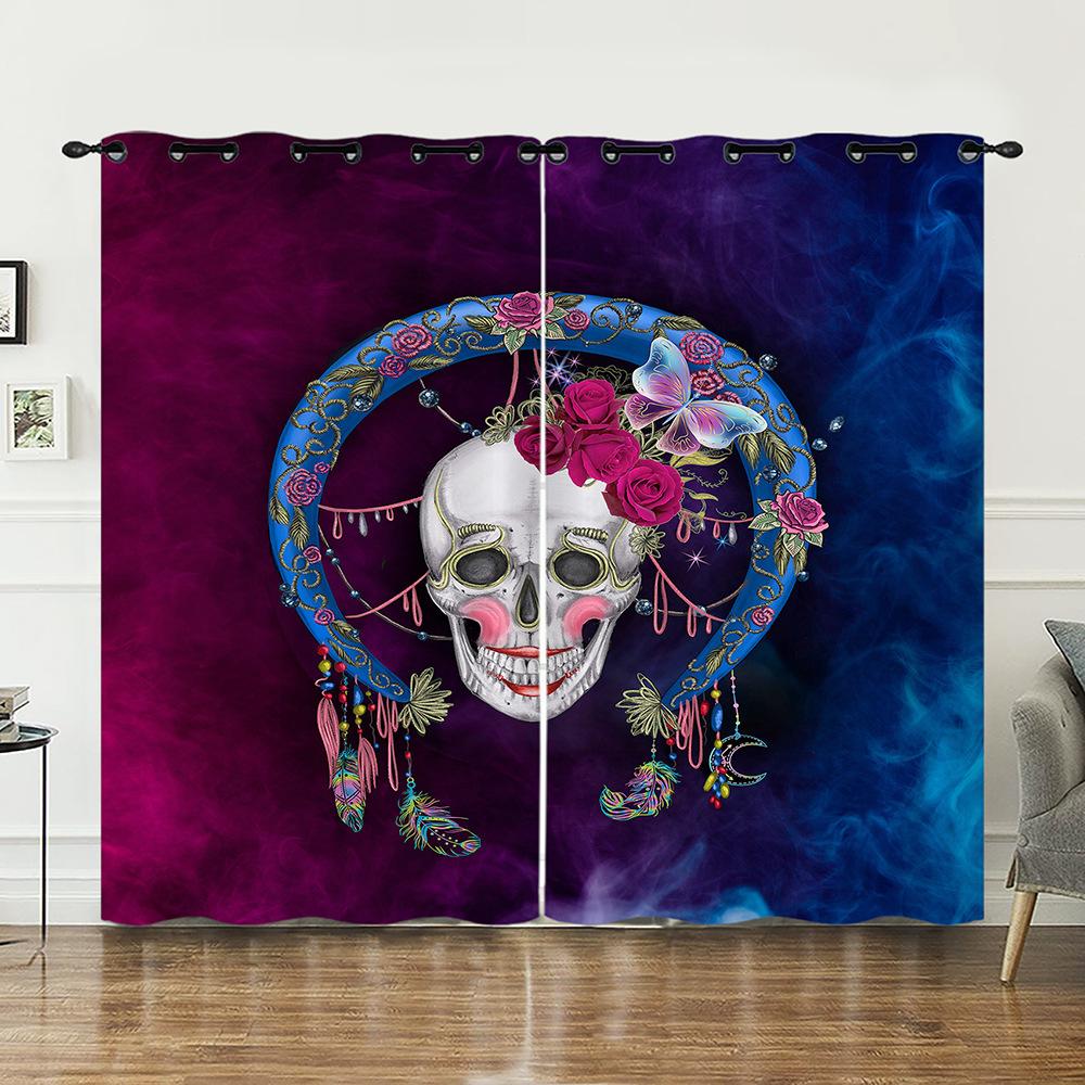 Curtains Skull Black Sunshade Bedroom Living Room Digital Printing Curtains Blackout Free Punching