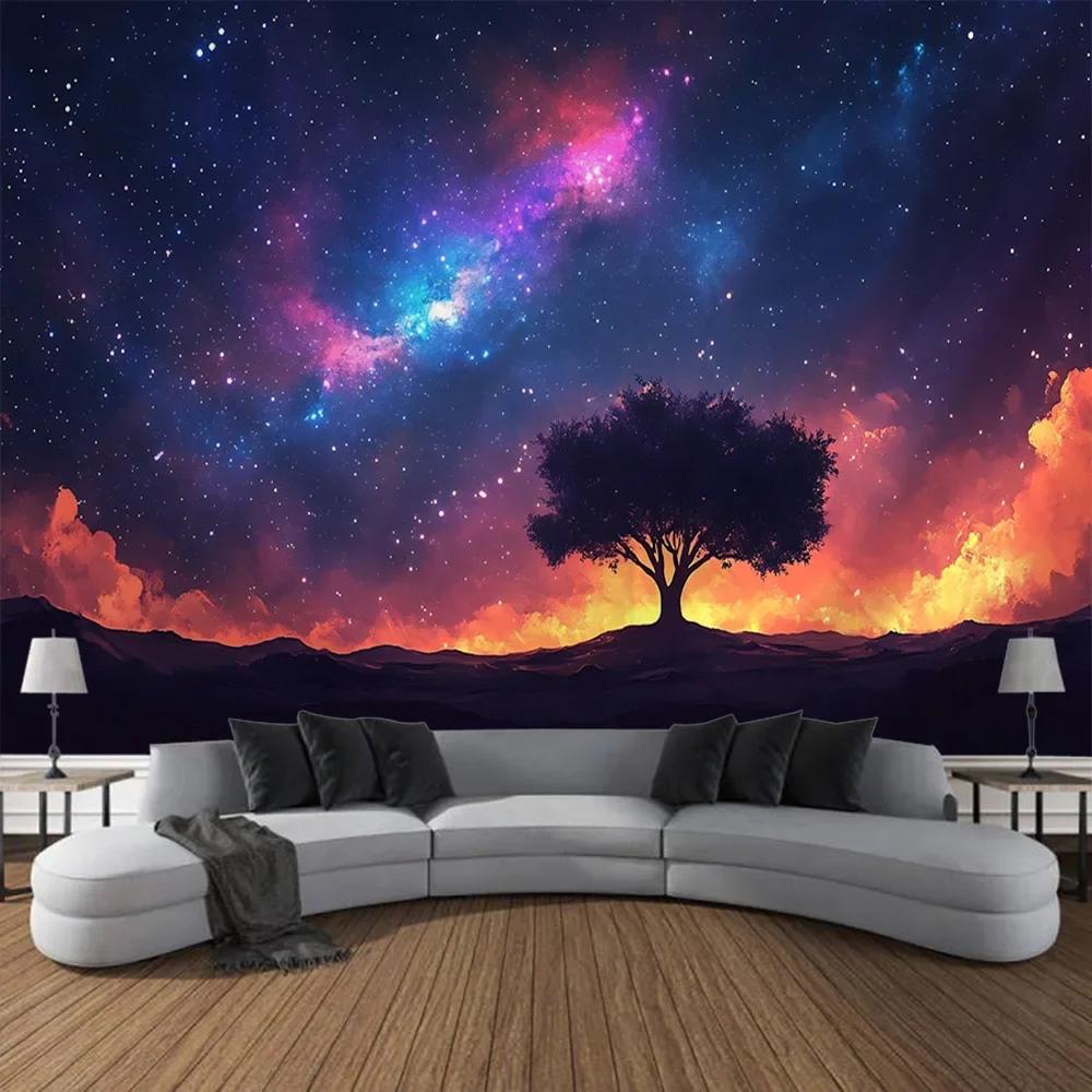 Tree starry sky tapestry dreamy landscape forest mural room art decoration living room bedroom hippie wall hanging blanket
