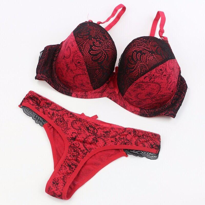 Flower Lace Womens Padded Bra Plunge Set Ladies Underwear Panties Sets Up Push