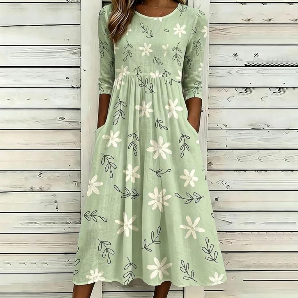 Women's Crew Neck Long Sleeve Loose Fit A-Line Midi Dress Casual 3D Floral Print