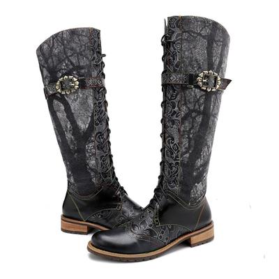 Femmes Bottes Hautes au Genou en Cuir Véritable Talons Hauts 4cm Imprimé Fermeture Éclair Latérale Lacets Noir Bottine Courte 2025 Punk Créateur