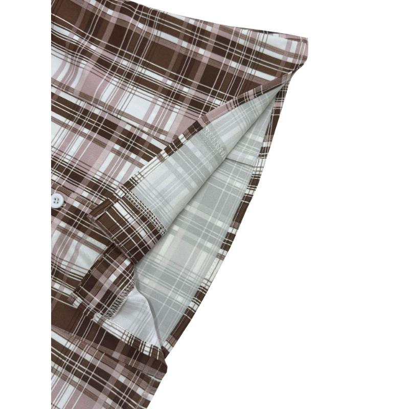 Women Plaid Print Button Down Shirt Short Sleeve Slim Fit Casual Blouse