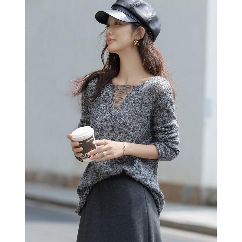 Demana Women's Lamb Wool Blend Round Neck Melange Knit Sweater