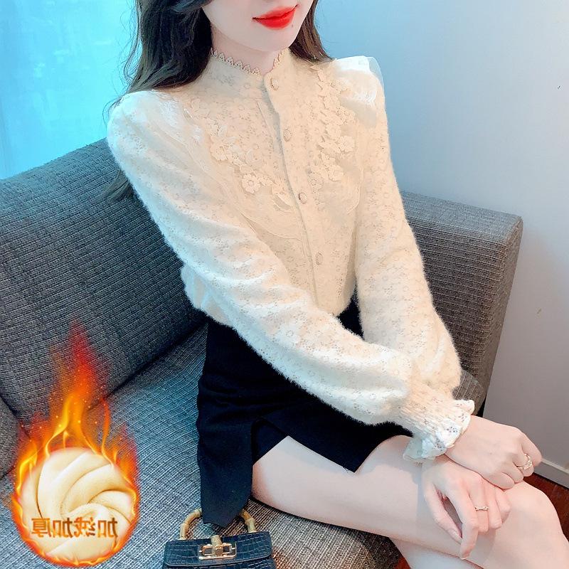 Women s Fleece-Lined Lace Base Layer Shirt - French Long Sleeve, New Autumn/Winter Style 2XL абрикосовый