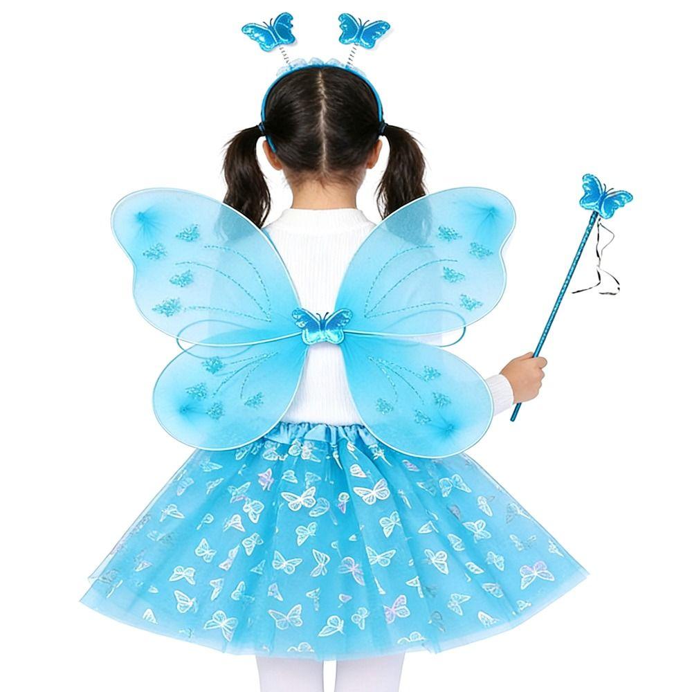 4Pcs/Set Fairy Princess Costume Butterfly Wings Headband Princess Party Costume Puff Skirt Fairy Wand Butterfly Wing Set