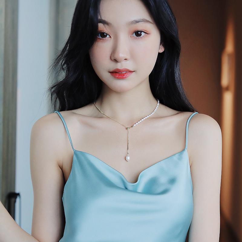 Women's Freshwater Pearl Y-Shaped Clavicle Necklace with Adjustable Sliding Buckle