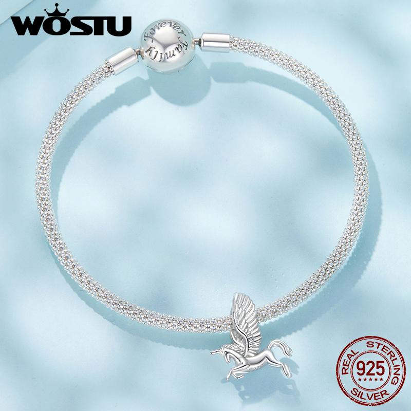 WOSTU 925 Sterling Silver Myth Unicorn Wing Charm Beads For Women Girl Birthday Gift Pet Animal Beads Fit Original Bracelet