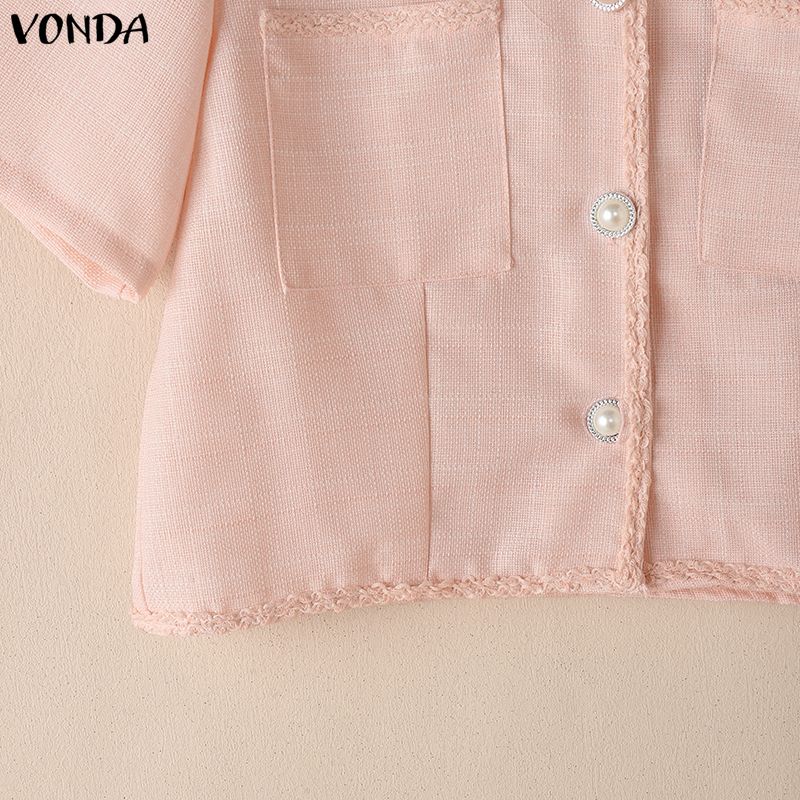 VONDA Elegant Women Short Sleeve Texture Hem Patchwork Buttons Casual Cropped Blouse Tops