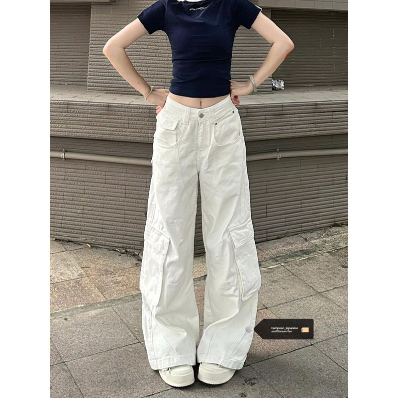Plus size American High Street White Cargo Jeans Women Summer High Waist Straight Loose Drape Mop Wide Leg Pants