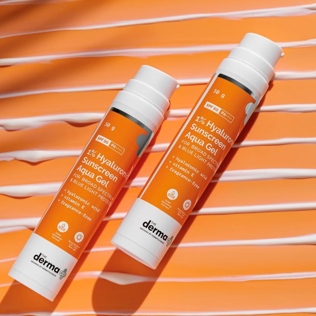 The Derma Co 1% Hyaluronsäure Sonnenschutz Aqua Gel LSF 50 PA++++ Feuchtigkeitsspendend Leicht Nicht Fettend 50 g Packung mit 2