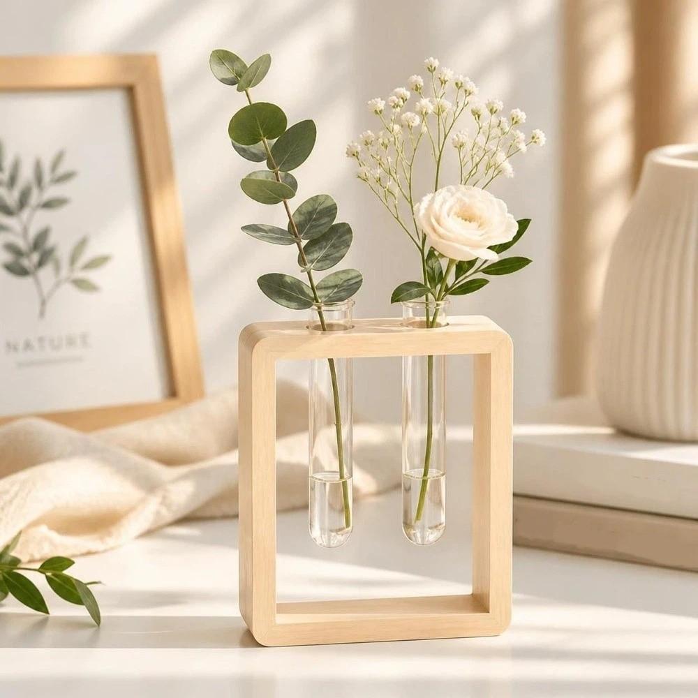 Wooden Glass Tube Vase Minimalist Hydroponic Flowerpot Plant Stand Flower Holder Living Room