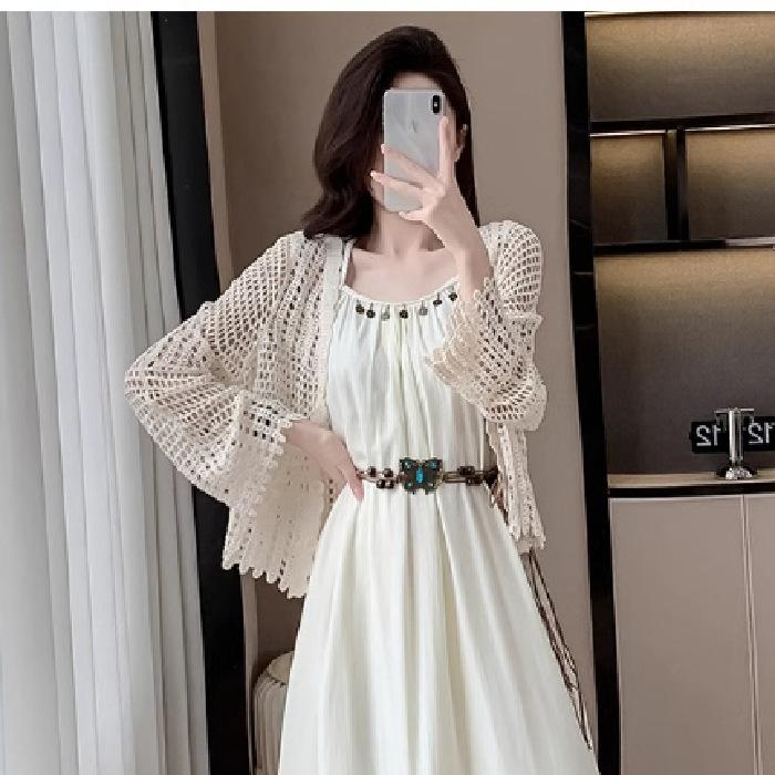 Seaside vacation style suit temperament waist suspender dress women's summer knitted hollow cardigan top two-piece set