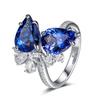 Temperament Online Double Diamond Tanzanian Blue Water Drop Pear-Shaped Ring, Simulated Sapphire Colored Treasure Open Ring For Women
