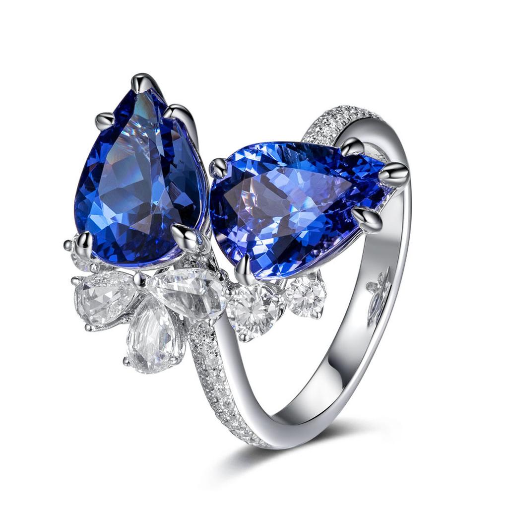 Temperament Online Double Diamond Tanzanian Blue Water Drop Pear-Shaped Ring, Simulated Sapphire Colored Treasure Open Ring For Women