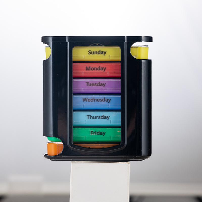 Weekly 28-Compartment Pill Organizer Box, Independent Drawers for Convenient Tablet Storage, PP Plastic.