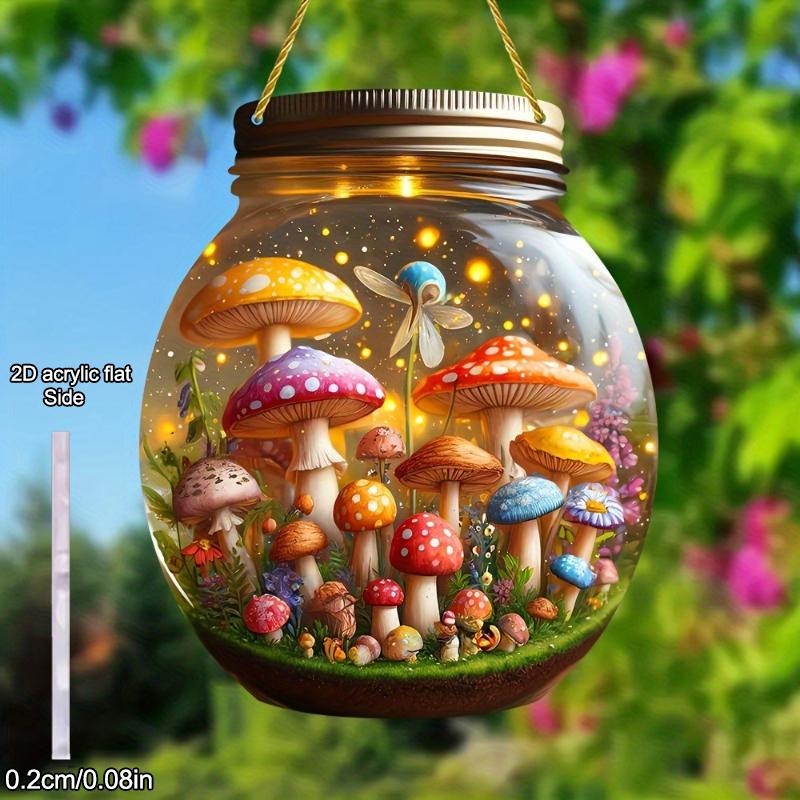 1pcs Oasis Mushroom World Sun Catcher Round Mason Jar Living Room Bedroom Porch Hanging, Acrylic Sign, Four Seasons Decoration