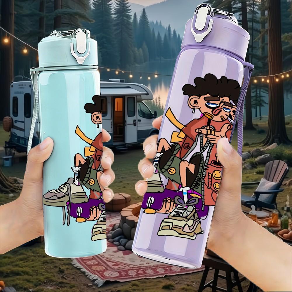 1PC Trendy Hip Hop Fashion Guy 750ml Color Plastic Sports Water Bottle Leakproof Flip Straw Lid Suitable for Sports Office Home Use