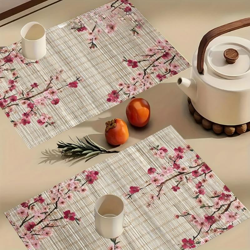 1Pcs Japanese-Inspired Blossoms & Bamboo Placemats | Square Linen Table Mats With Muted Pink Cherry Blossoms