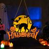 Holiday Atmosphere Decoration Halloween Wood Door Hanger Sign, Pumpkin And Black Cat Printed, with Hemp Waterproof Porch Rope Lanyard, Decorative