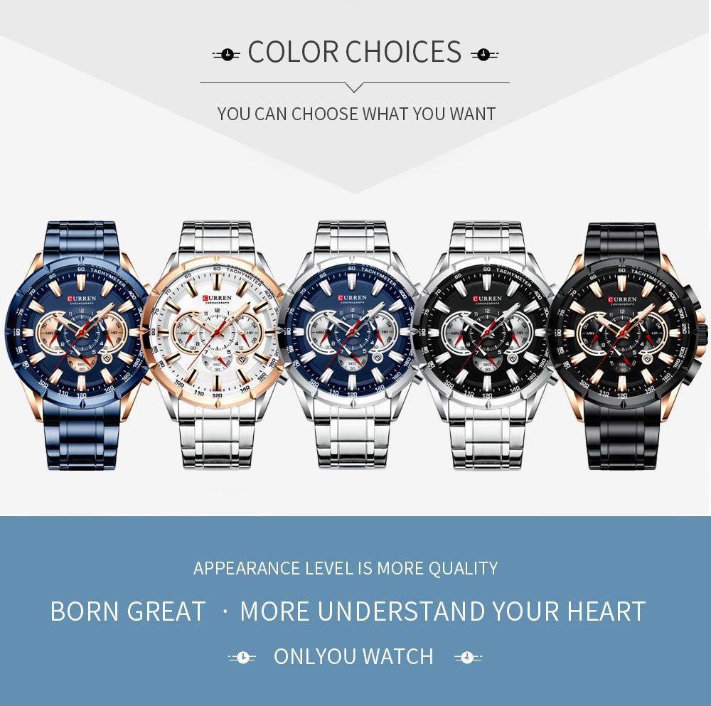 CURREN 8363 Men's Waterproof Quartz Steel Band Watch with Multifunctional Seven-Needle Design and Calendar/Weekday Display.