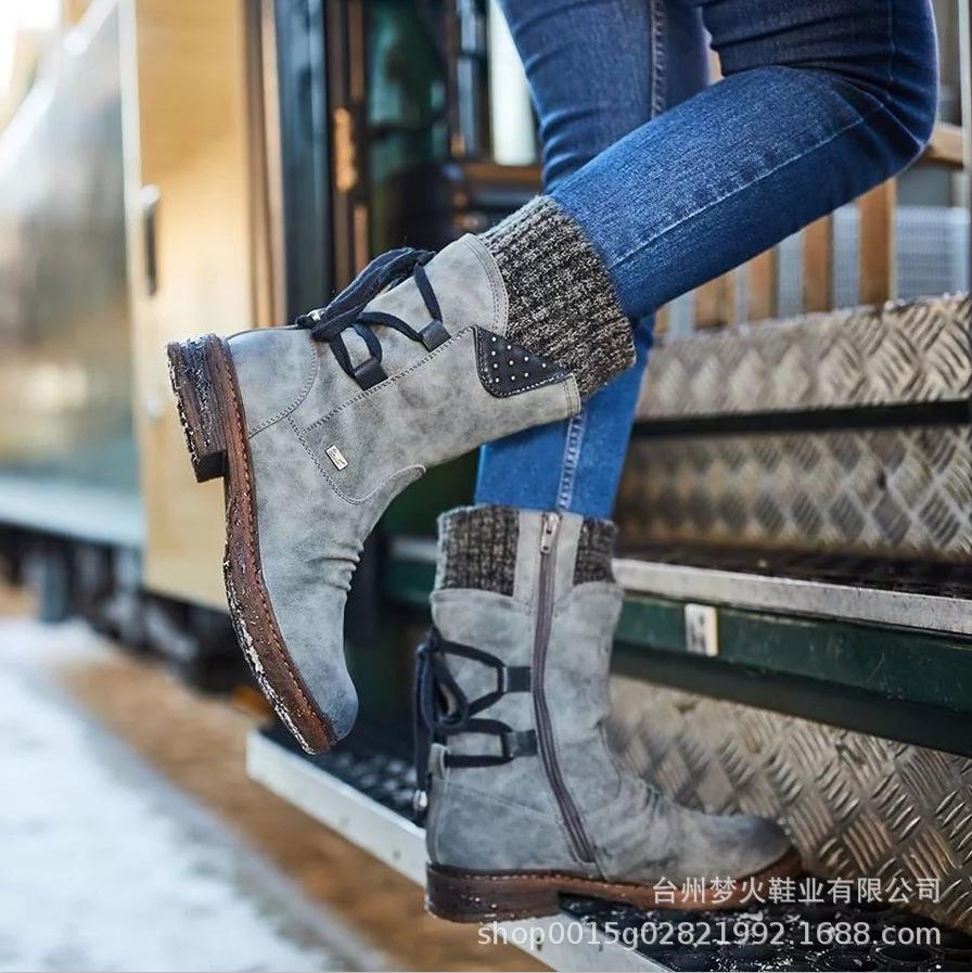 Autumn and winter comfortable low heel square heel round head medium tube short boots women's shoes