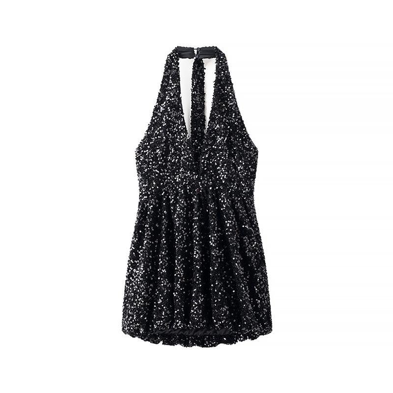 

Galaxy Flashing Advanced Sense Black Deep V-neck Low Cut Sleeveless Bling Sequins Short Hanging Neck Dress Formal Dress Black Sequin L