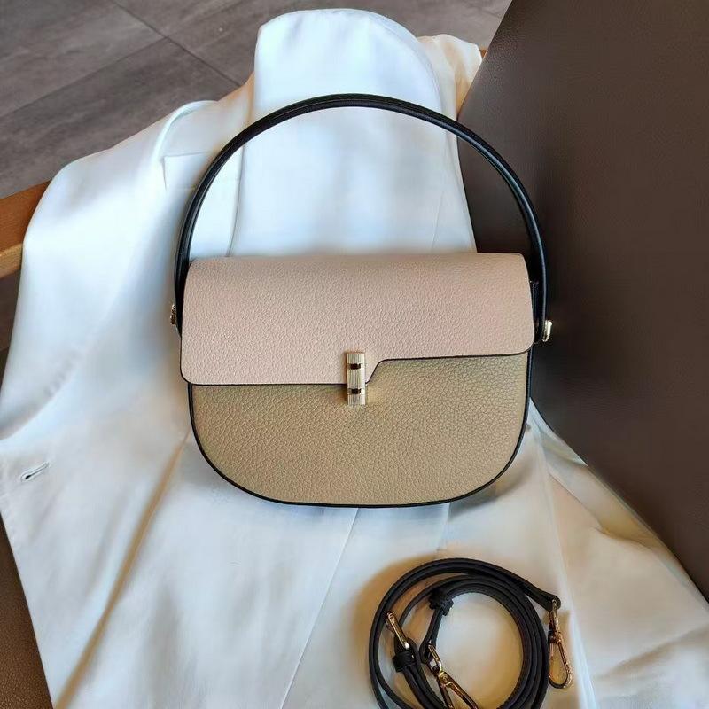 New genuine leather women's bag, top-grain cowhide color-block saddle bag, textured, versatile, niche, single-shoulder, crossbody, underarm bag